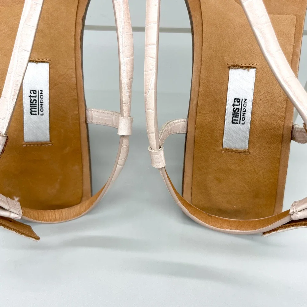 Miista London Womens 40 9.5 Ailsa Split Toe Sandals Pink Croc Leather Thong Heel
